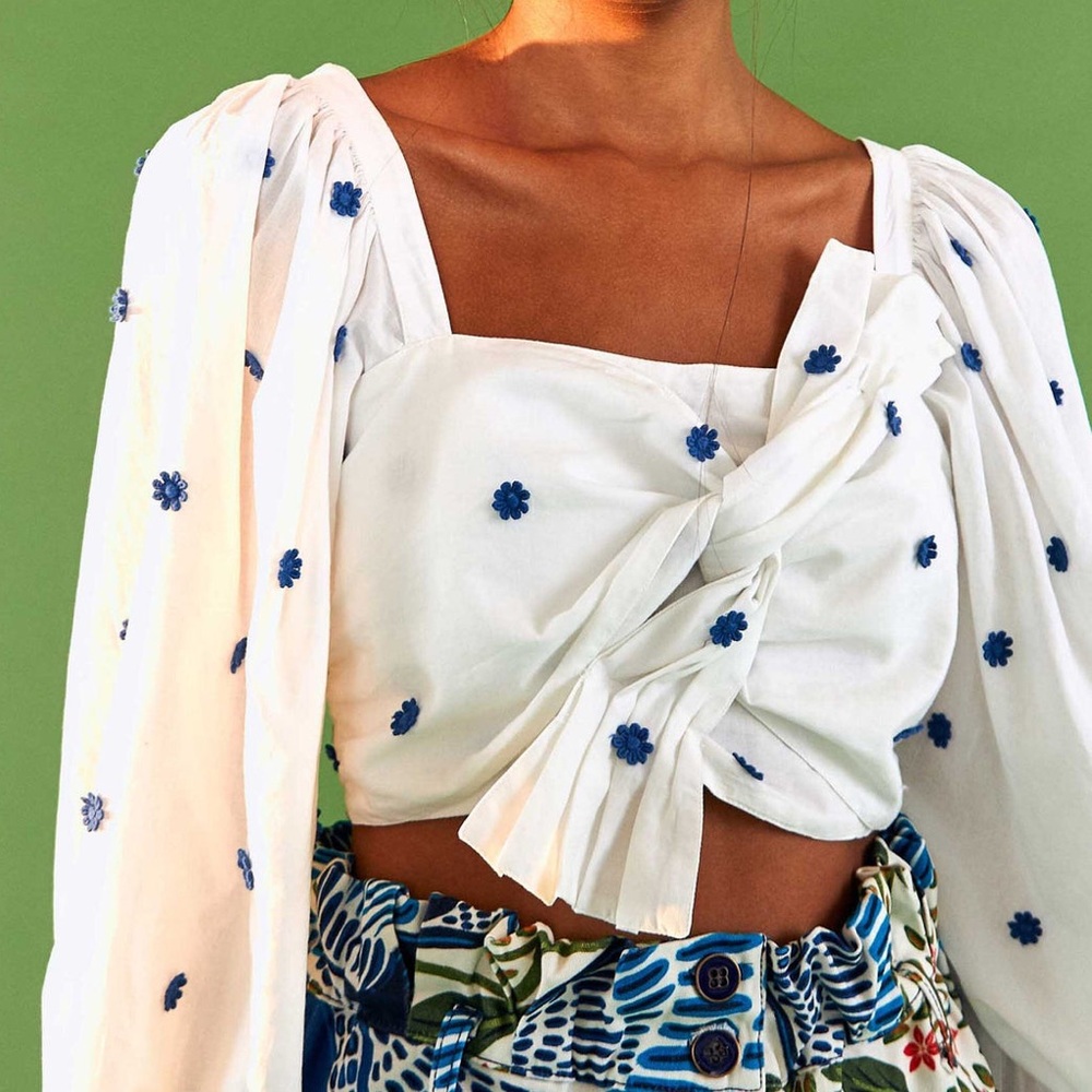 Farm Rio Size Small White & Blue Crop Top - Picture 5 of 5